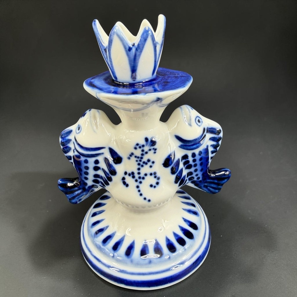 Gzhel Russian Porcelain Fish Candlestick Holder Blue White Hand Painted Vintage
